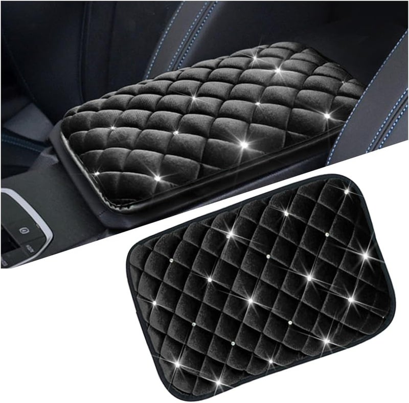 Mandark Bling Car Center Console Cover, Crystal Rhinestone Fluffy Automotive Armrest Seat Box Cushion Pad, Soft Comfortable Diamond Arm Rest Protection Mat, Universal Vehicle Accessories (Black) - Image 1